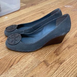 Gray suede wedge heels